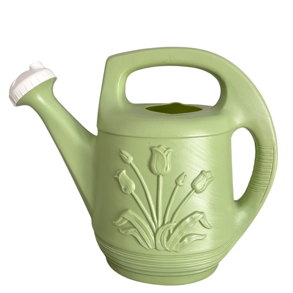 Sage Green Plastic Watering Can | Embossed Tulip Floral | Dual Spout | 13 Inch